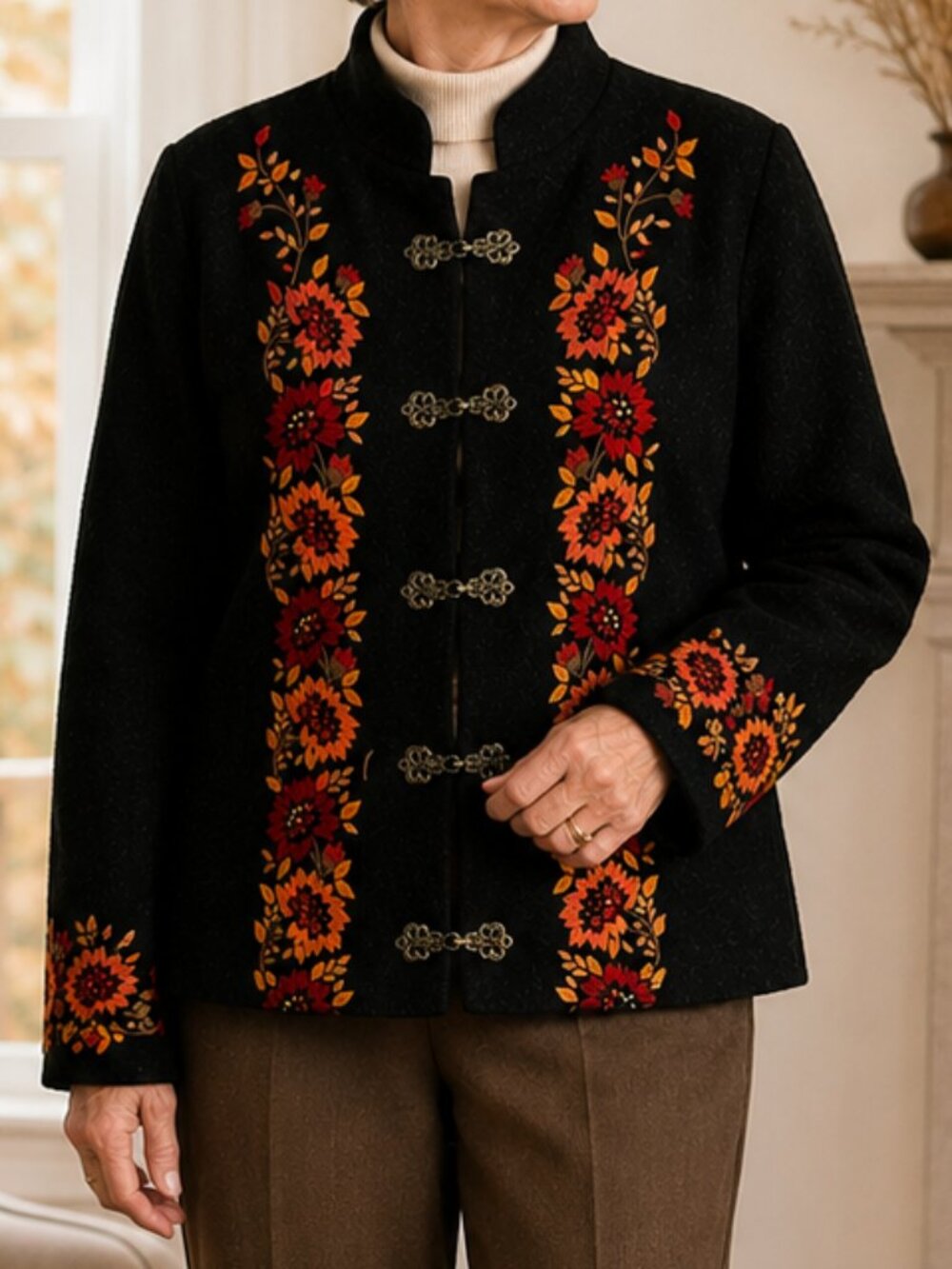 Vintage Carroll Reed 100% wool Black Embroidered Floral Toggle Jacket - Size XL